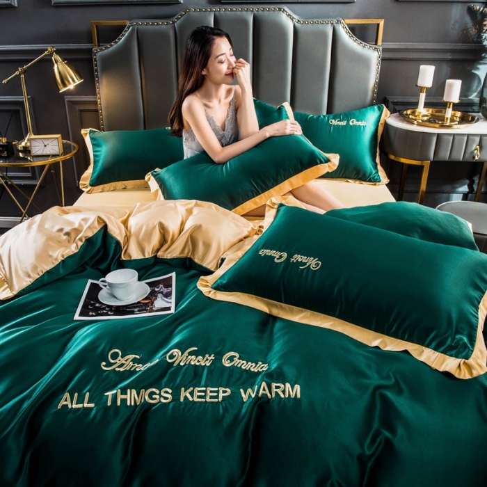 91家纺网 家纺一手货源 找家纺 欧冠家纺 2020爆款盛夏水洗真丝四件套 墨绿+姜黄