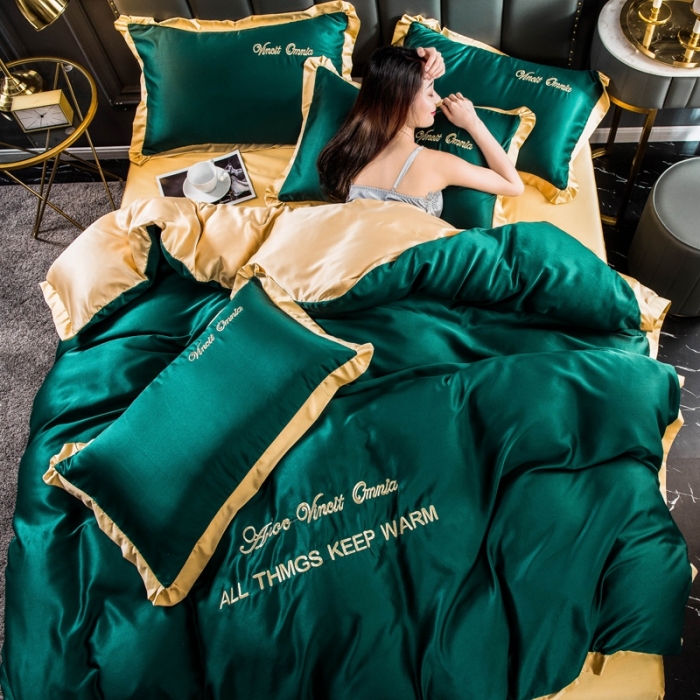 91家纺网 家纺一手货源 找家纺 欧冠家纺 2020爆款盛夏水洗真丝四件套 墨绿+姜黄