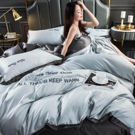 欧冠家纺 2020爆款盛夏水洗真丝四件套 浅灰+深灰
