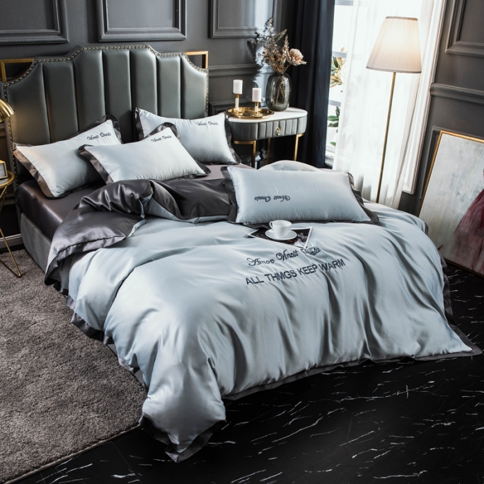 91家纺网 家纺一手货源 找家纺 欧冠家纺 2020爆款盛夏水洗真丝四件套 浅灰+深灰