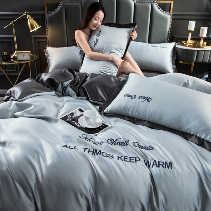 91家纺网 家纺一手货源 找家纺 欧冠家纺 2020爆款盛夏水洗真丝四件套 浅灰+深灰