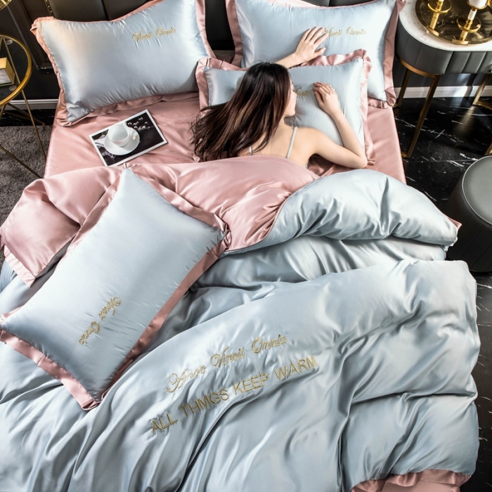 91家纺网 家纺一手货源 找家纺 欧冠家纺 2020爆款盛夏水洗真丝四件套 浅灰+香槟