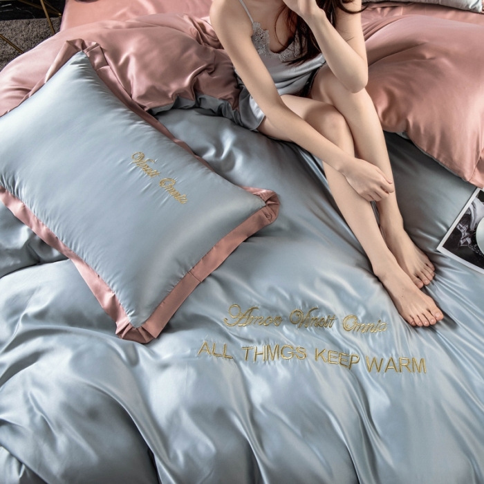 91家纺网 家纺一手货源 找家纺 欧冠家纺 2020爆款盛夏水洗真丝四件套 浅灰+香槟