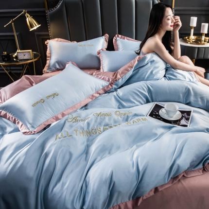 欧冠家纺 2020爆款盛夏水洗真丝四件套 水蓝+香槟