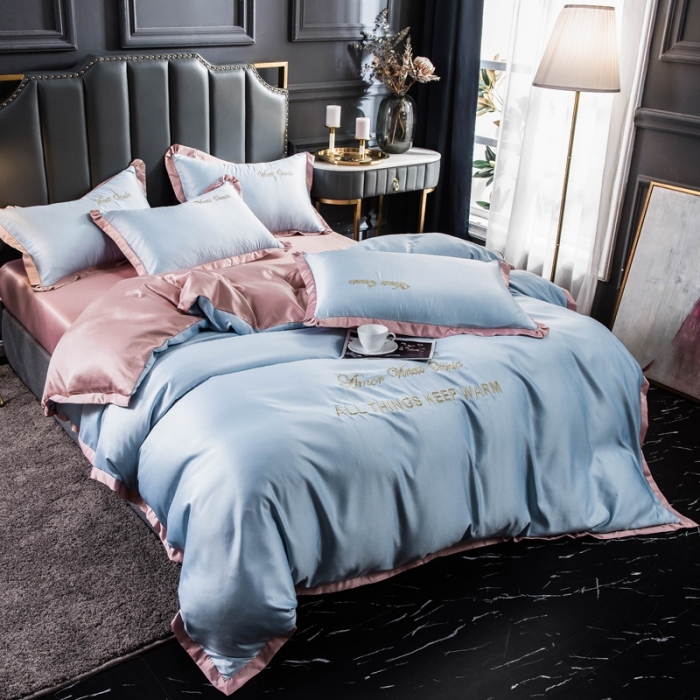 91家纺网 家纺一手货源 找家纺 欧冠家纺 2020爆款盛夏水洗真丝四件套 水蓝+香槟