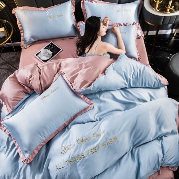 91家纺网 家纺一手货源 找家纺 欧冠家纺 2020爆款盛夏水洗真丝四件套 水蓝+香槟