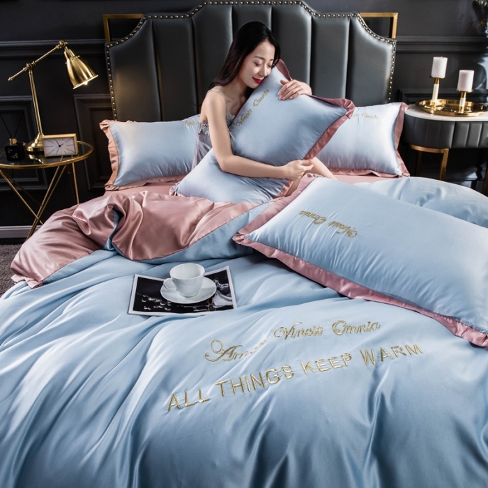 91家纺网 家纺一手货源 找家纺 欧冠家纺 2020爆款盛夏水洗真丝四件套 水蓝+香槟