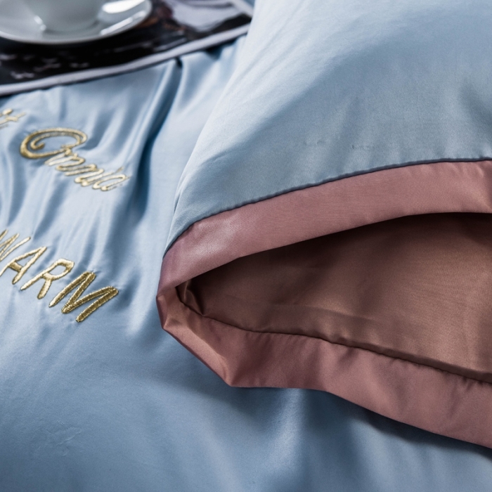 91家纺网 家纺一手货源 找家纺 欧冠家纺 2020爆款盛夏水洗真丝四件套 水蓝+香槟