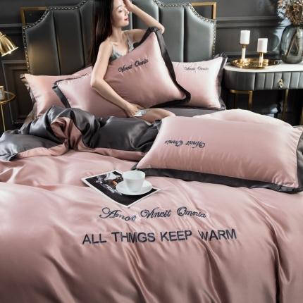 欧冠家纺 2020爆款盛夏水洗真丝四件套 香槟+深灰