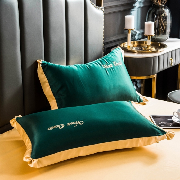 91家纺网 家纺一手货源 找家纺 欧冠家纺 2020爆款盛夏水洗真丝四件套 墨绿+姜黄