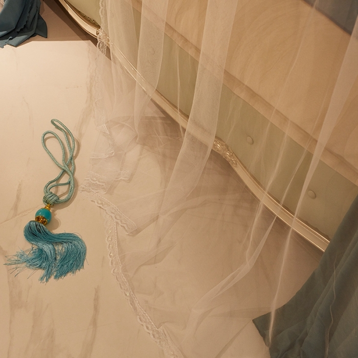 91家纺网 家纺一手货源 找家纺 迪凡保罗 2021新款5817双层床幔宫廷蚊帐 蓝绿色