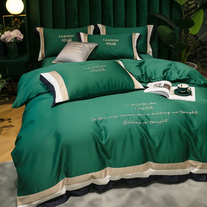91家纺网 家纺一手货源 找家纺 爱缦 2020新款双面60S长绒棉绣花拼接款四件套  墨绿