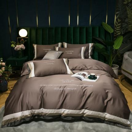 91家纺网 家纺一手货源 找家纺 爱缦 2020新款双面60S长绒棉绣花拼接款四件套 红灰