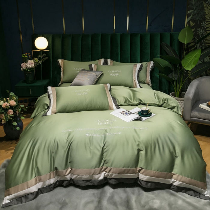 91家纺网 家纺一手货源 找家纺 爱缦 2020新款双面60S长绒棉绣花拼接款四件套 灰草绿