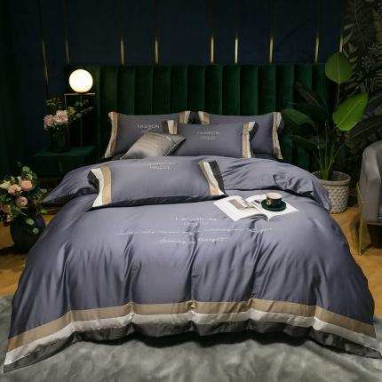 91家纺网 家纺一手货源 找家纺 爱缦 2020新款双面60S长绒棉绣花拼接款四件套 紫灰