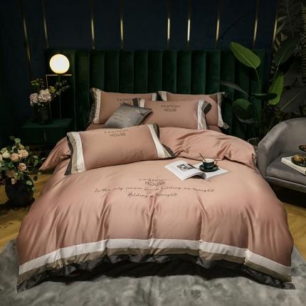 91家纺网 家纺一手货源 找家纺 爱缦 2020新款双面60S长绒棉绣花拼接款四件套 浅豆沙