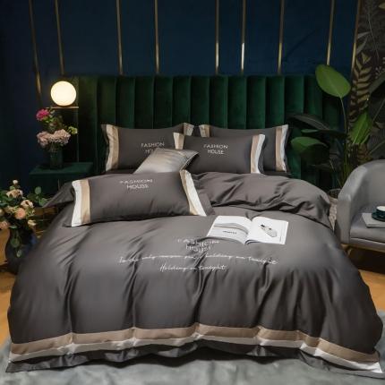 91家纺网 家纺一手货源 找家纺 爱缦 2020新款双面60S长绒棉绣花拼接款四件套 高级灰