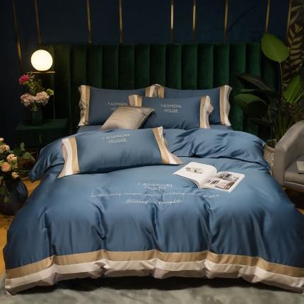 爱缦 2020新款双面60S长绒棉绣花拼接款四件套 宾利蓝