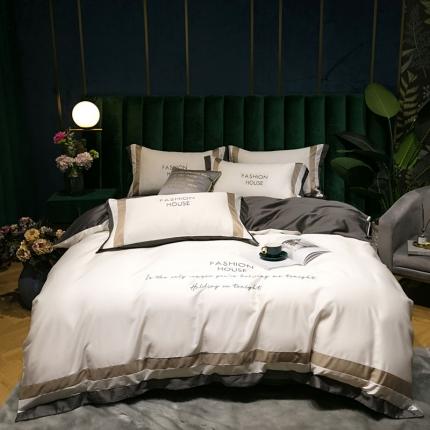 91家纺网 家纺一手货源 找家纺 爱缦 2020新款双面60S长绒棉绣花拼接款四件套 本白