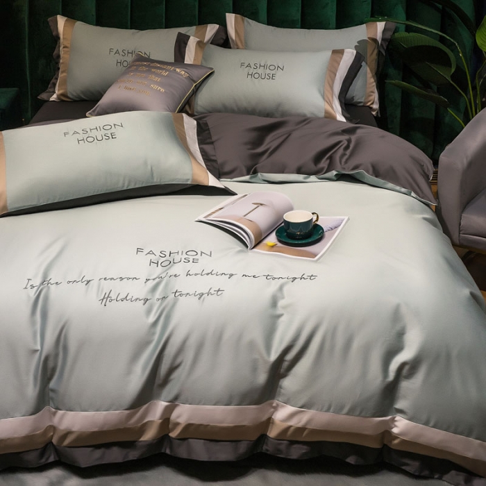 91家纺网 家纺一手货源 找家纺 爱缦 2020新款双面60S长绒棉绣花拼接款四件套 繁星蓝