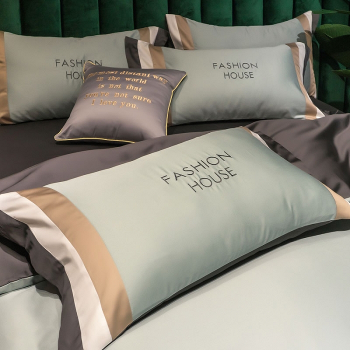 91家纺网 家纺一手货源 找家纺 爱缦 2020新款双面60S长绒棉绣花拼接款四件套 繁星蓝