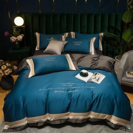 91家纺网 家纺一手货源 找家纺 爱缦 2020新款双面60S长绒棉绣花拼接款四件套 月光蓝