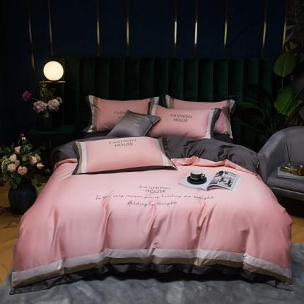 91家纺网 家纺一手货源 找家纺 爱缦 2020新款双面60S长绒棉绣花拼接款四件套 奶油粉