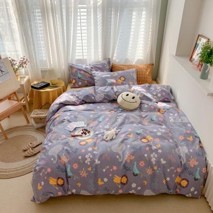 时年 2020新款40s全棉小可爱系列四件套 丛林（紫灰）