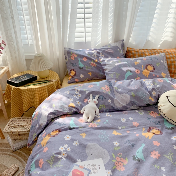 91家纺网 家纺一手货源 找家纺 时年 2020新款40s全棉小可爱系列四件套 丛林（紫灰）