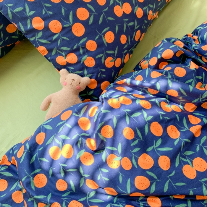 91家纺网 家纺一手货源 找家纺 时年 2020新款40s全棉小可爱系列四件套 橘子（蓝）