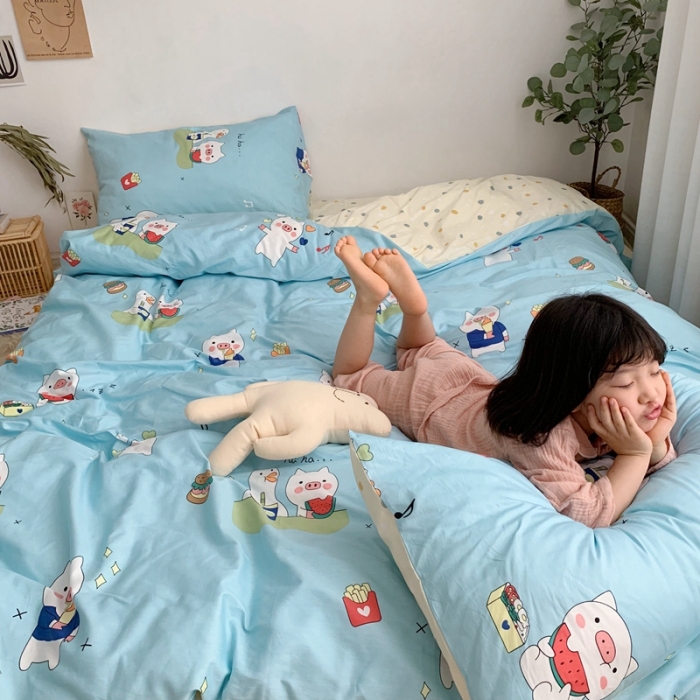 91家纺网 家纺一手货源 找家纺 顾里 2020新款ins网红全棉四件套 蓝猪