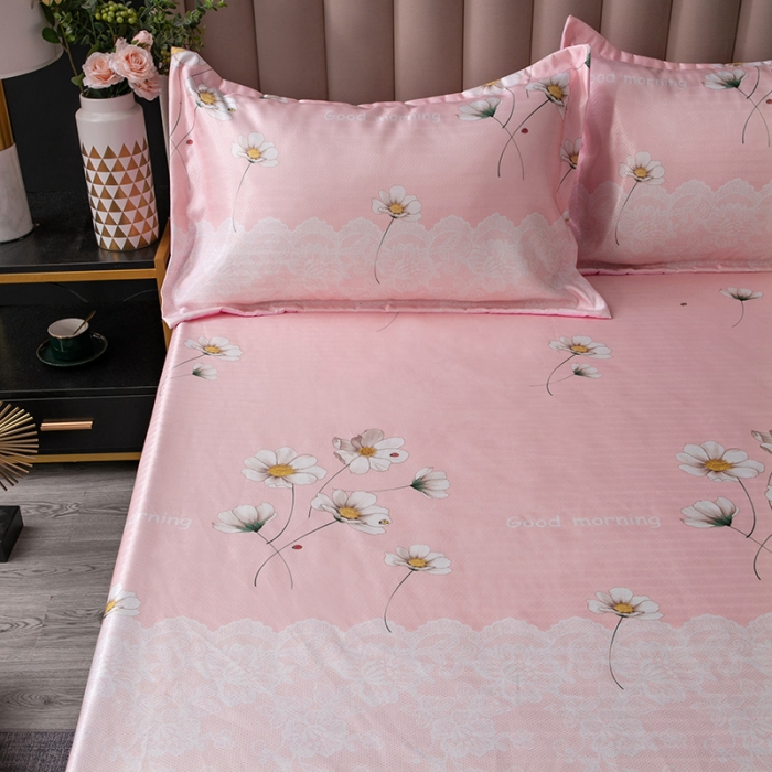 91家纺网 家纺一手货源 找家纺 棉生活  春夏新品600D冰丝软凉席三件套床笠款小清新-粉