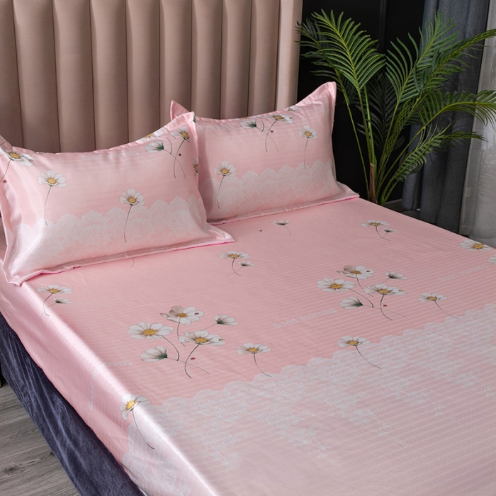 91家纺网 家纺一手货源 找家纺 棉生活  春夏新品600D冰丝软凉席三件套床笠款小清新-粉