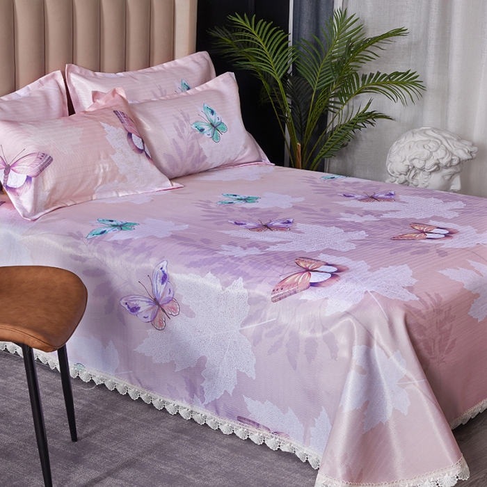 91家纺网 家纺一手货源 找家纺 棉生活 2020春夏新品600D冰丝软凉席三件套 蝶舞粉