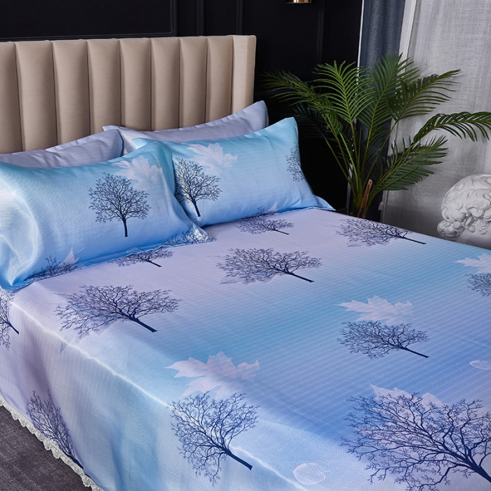 91家纺网 家纺一手货源 找家纺 棉生活2020春夏新品600D冰丝软凉席三件套 花枝雅韵-蓝