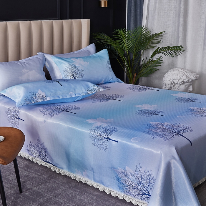 91家纺网 家纺一手货源 找家纺 棉生活2020春夏新品600D冰丝软凉席三件套 花枝雅韵-蓝