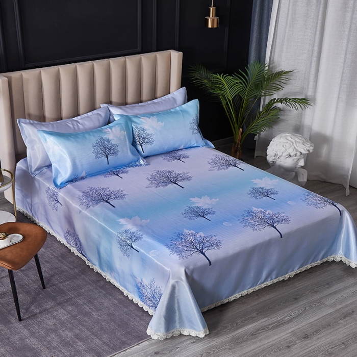 91家纺网 家纺一手货源 找家纺 棉生活2020春夏新品600D冰丝软凉席三件套 花枝雅韵-蓝