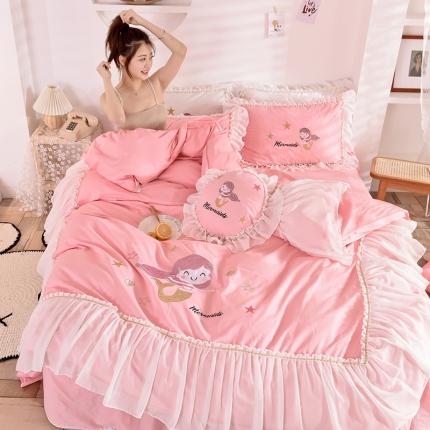 91家纺网 家纺一手货源 找家纺 花香四季2023款ins网红小清新全棉床裙款四件套 美人鱼粉