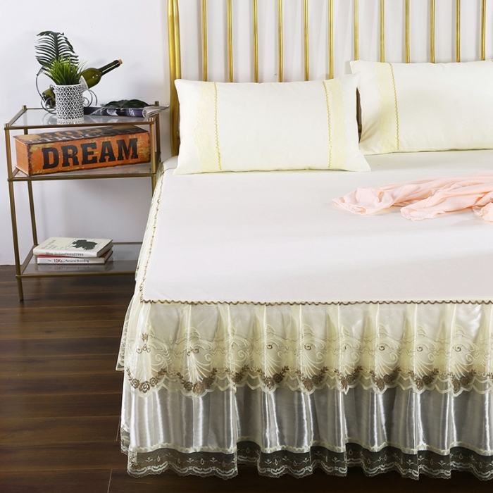 91家纺网 家纺一手货源 找家纺 情恒 2020新款蕾丝床裙 玫瑰情缘-米黄