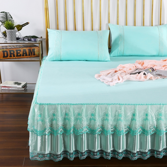 91家纺网 家纺一手货源 找家纺 情恒 2020新款蕾丝床裙 玫瑰情缘-水绿