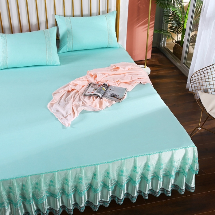 91家纺网 家纺一手货源 找家纺 情恒 2020新款蕾丝床裙 玫瑰情缘-水绿