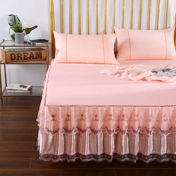 91家纺网 家纺一手货源 找家纺 情恒 2020新款蕾丝床裙 玫瑰情缘-玉色