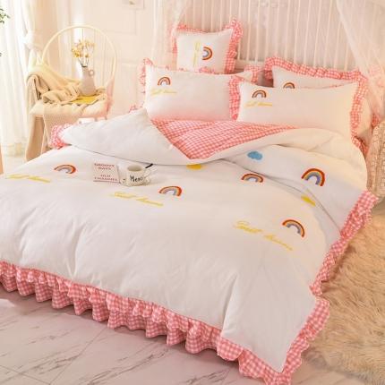欧冠家纺 2020新款毛巾绣色织四件套 彩虹-粉白