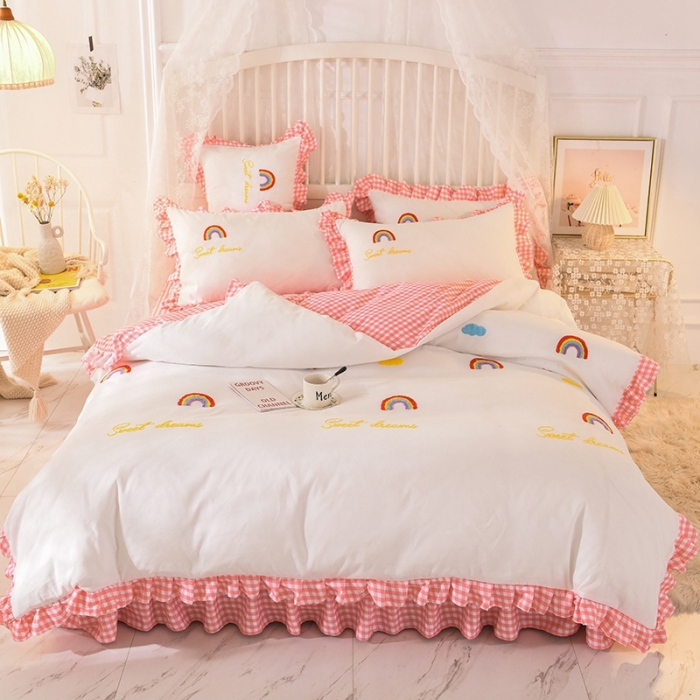 91家纺网 家纺一手货源 找家纺 欧冠家纺 2020新款毛巾绣色织四件套 彩虹-粉白