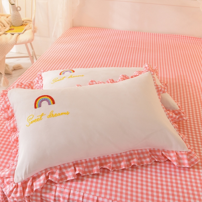 91家纺网 家纺一手货源 找家纺 欧冠家纺 2020新款毛巾绣色织四件套 彩虹-粉白