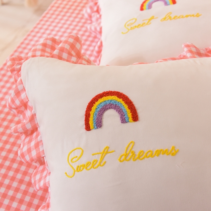 91家纺网 家纺一手货源 找家纺 欧冠家纺 2020新款毛巾绣色织四件套 彩虹-粉白