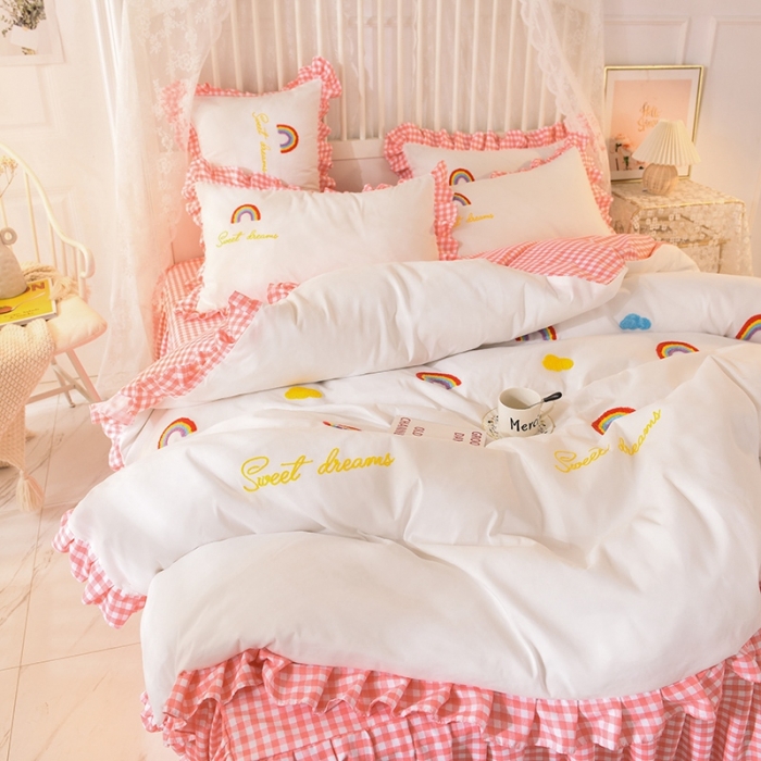 91家纺网 家纺一手货源 找家纺 欧冠家纺 2020新款毛巾绣色织四件套 彩虹-粉白