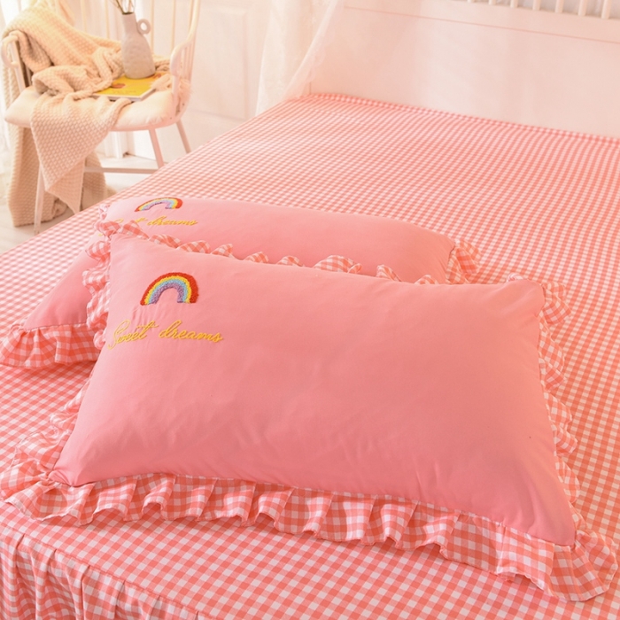 91家纺网 家纺一手货源 找家纺 欧冠家纺 2020新款毛巾绣色织四件套 彩虹-粉色