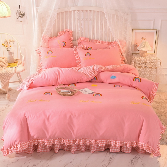 91家纺网 家纺一手货源 找家纺 欧冠家纺 2020新款毛巾绣色织四件套 彩虹-粉色