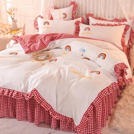 欧冠家纺 2020新款毛巾绣色织四件套 彩虹-富贵红